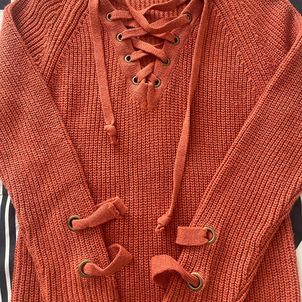 Women's Lace-Up Knit Sweater - Rust